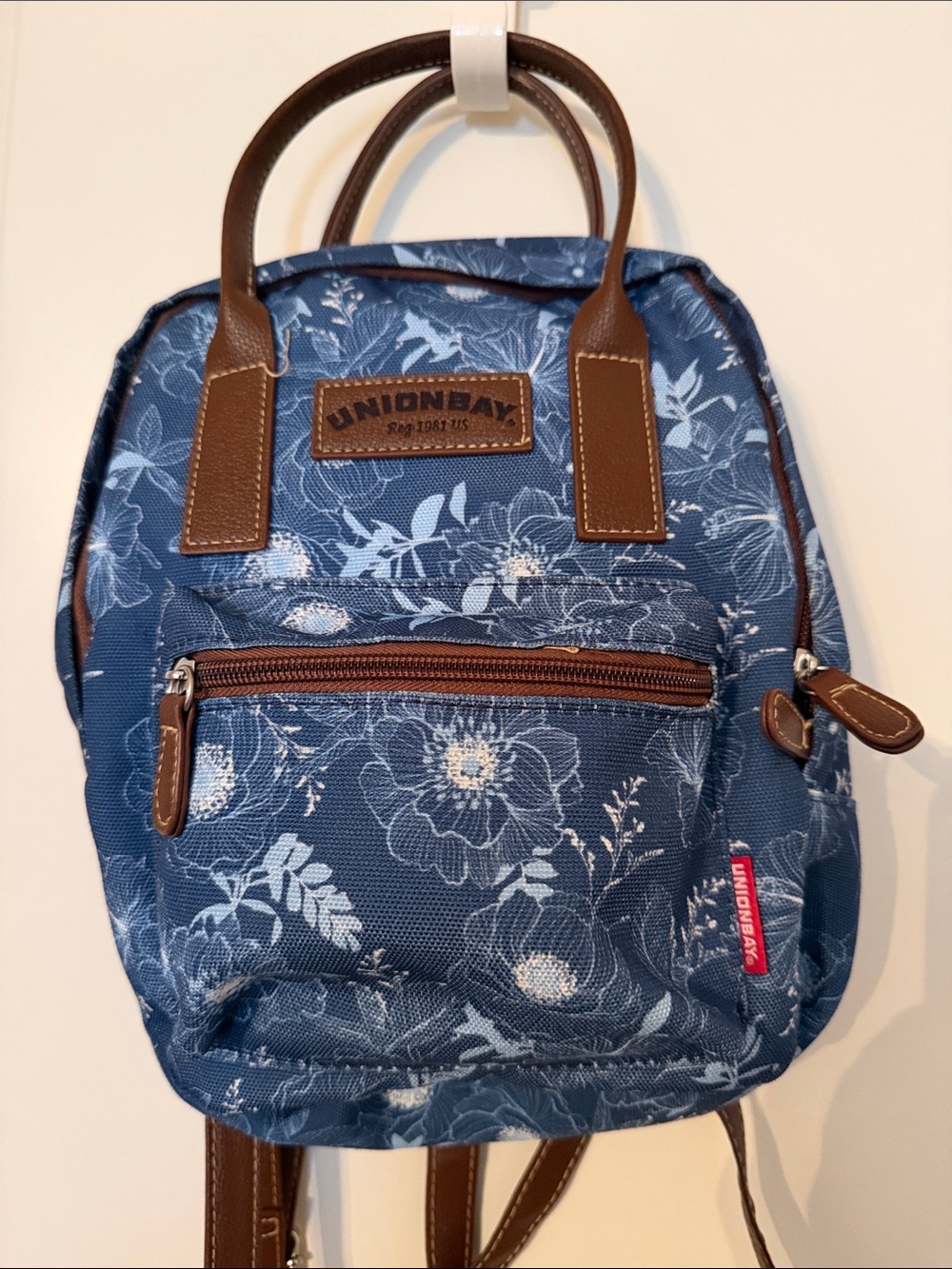 UNIONBAY Blue Floral Mini Backpack with Brown Trim